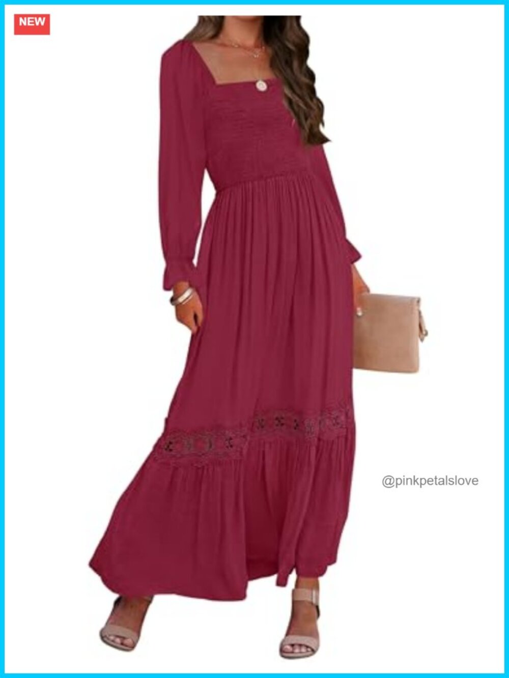 Boho Long Sleeve Smocked Maxi Dress Flowy Lace Trim Square Neck Backless